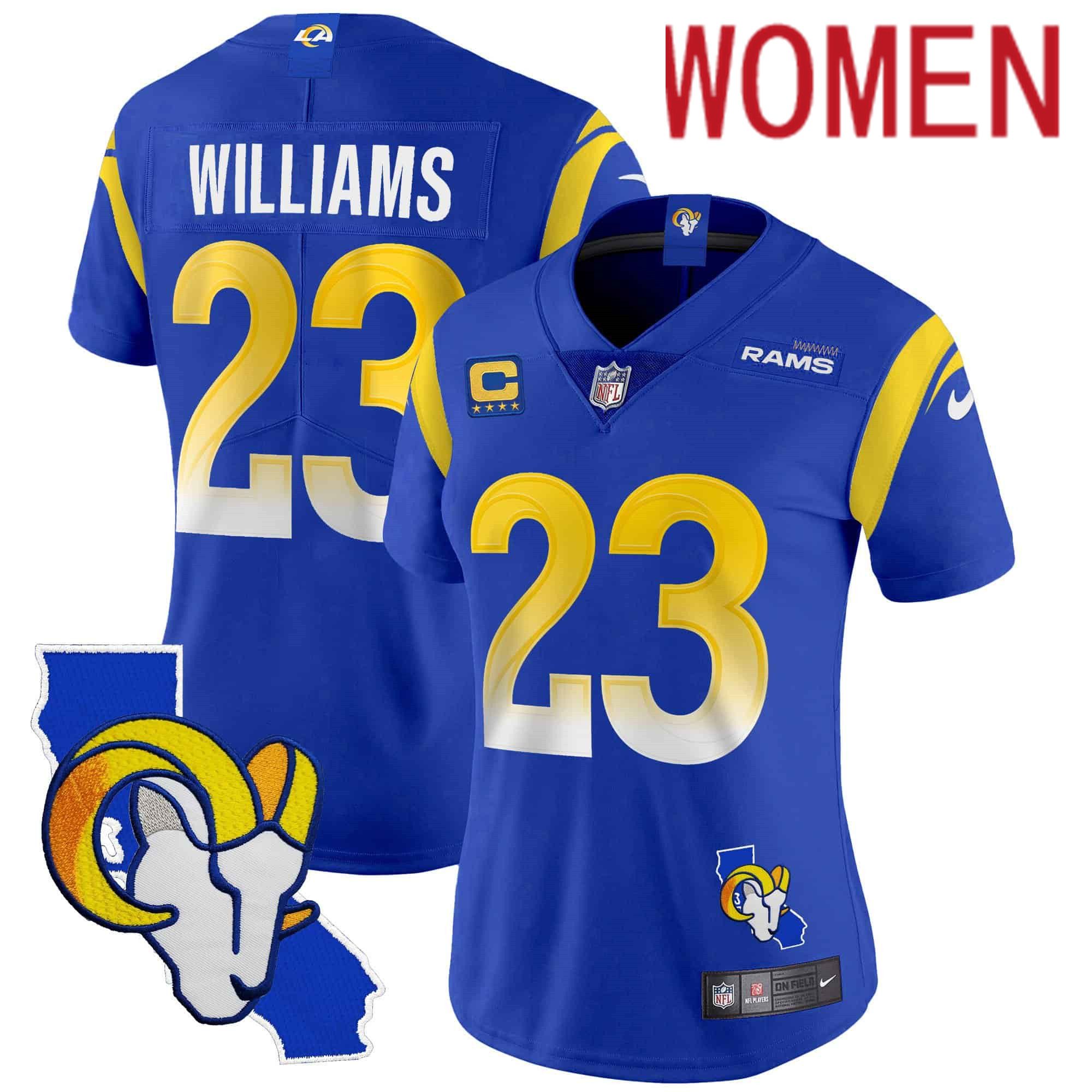 Women Los Angeles Rams #23 Williams Blue 2024 Nike California Patch Vapor Limited NFL Jersey style 1->women nfl jersey->Women Jersey